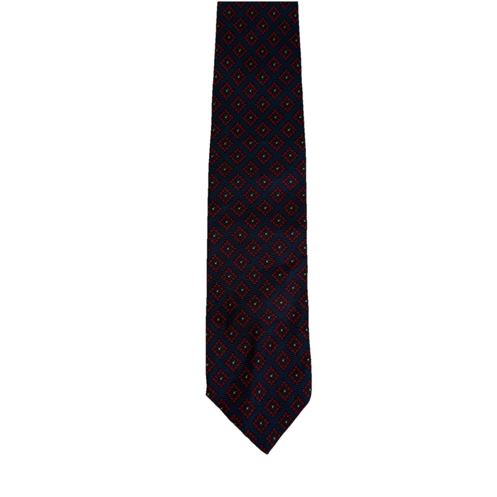 Polo Ralph Lauren Necktie Mens 3in Navy Blue Red Silk Geometric Medallion Exc